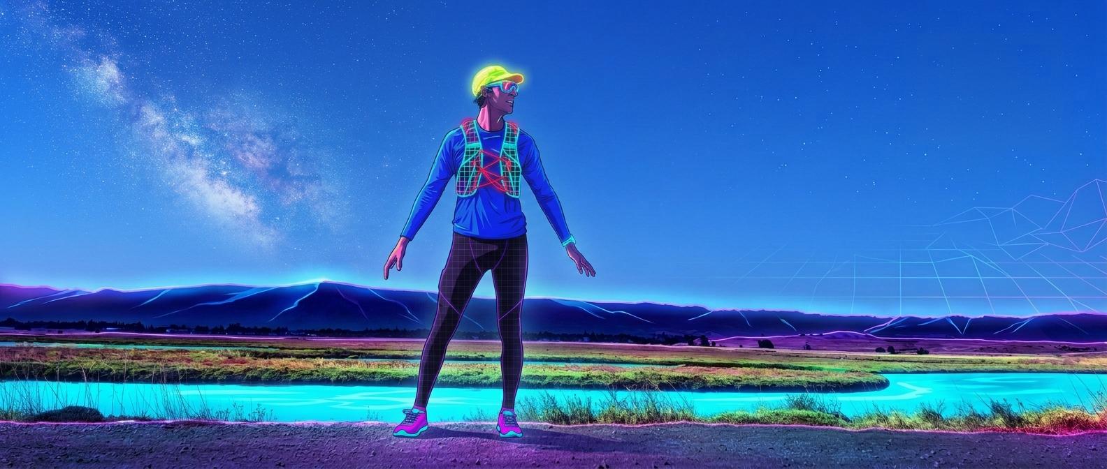 Neon illustration of a runner beneath a starry sky